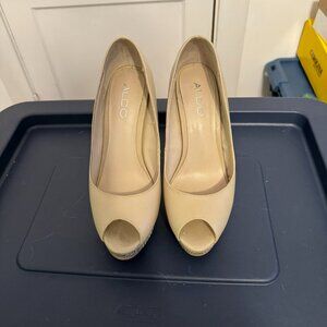 Aldo Tan heels with rose and white crystal detail on platform & heel.  Size 7.5.